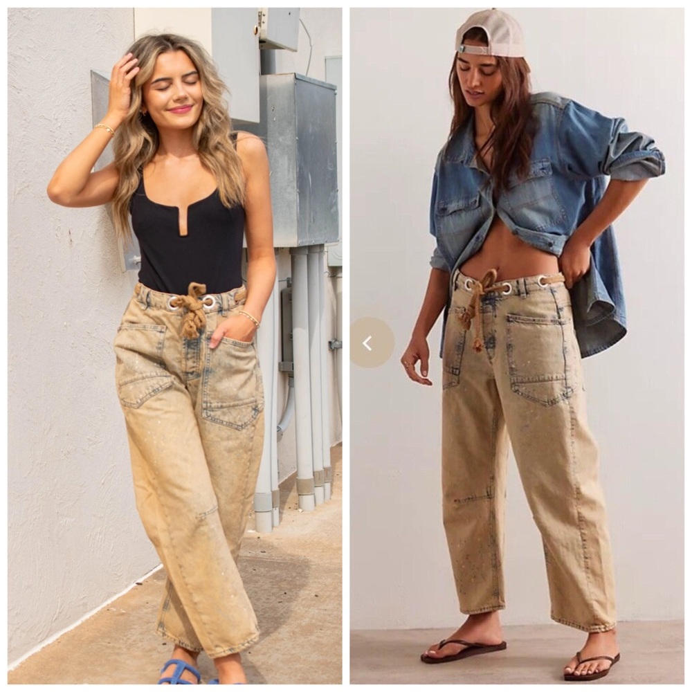 Free People Moxie Low Slung Pull On Barrel Jeans Slouchy In Cowboy Size 27